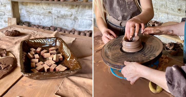 Close up shot of clay and people making a bowl at the Georgian Pottery, Beamish Museum.